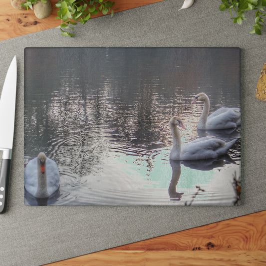 U R There Photography Swans of Duck Lake II Rustic Farmhouse Tempered-Glass Cutting Board