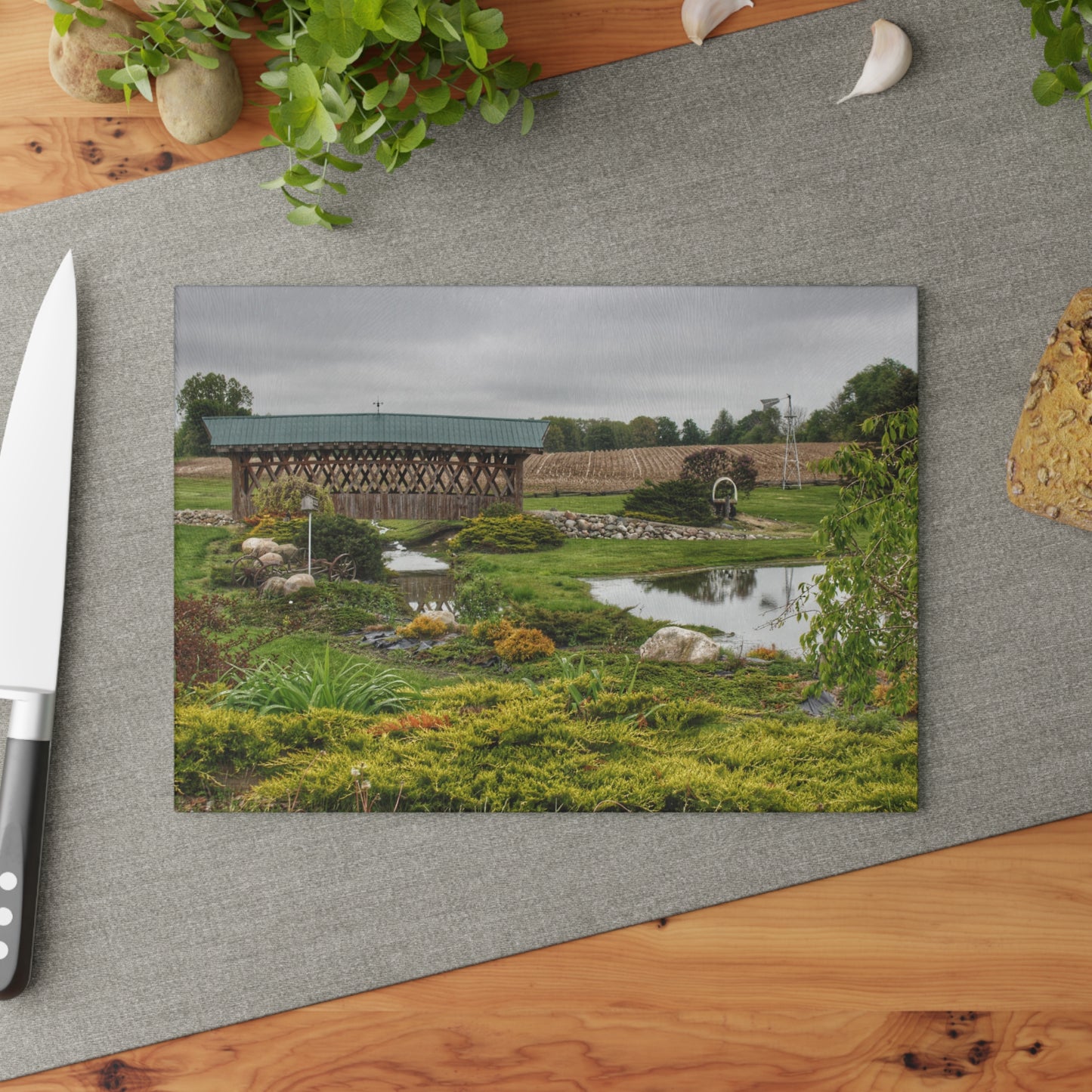 U R There Photography Bridge of Summer Road II Rustic Farmhouse Tempered-Glass Cutting Board 8"x 11"