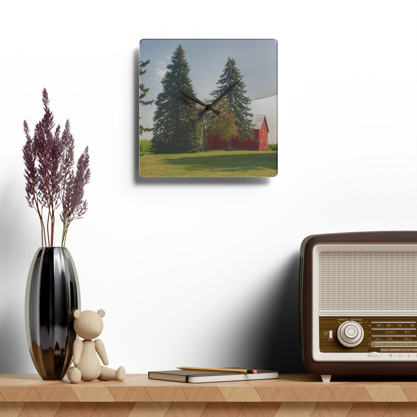 U R There Photography Small Red Barn Beneath the Pines Rustic Farmhouse Acrylic Analog Wall Clock 10.75'' × 10.75'' (Square)