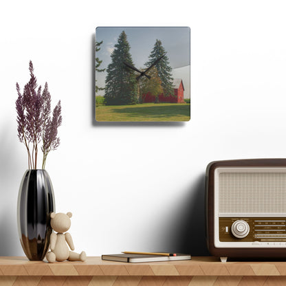 U R There Photography Small Red Barn Beneath the Pines Rustic Farmhouse Acrylic Analog Wall Clock 10.75'' × 10.75'' (Square)