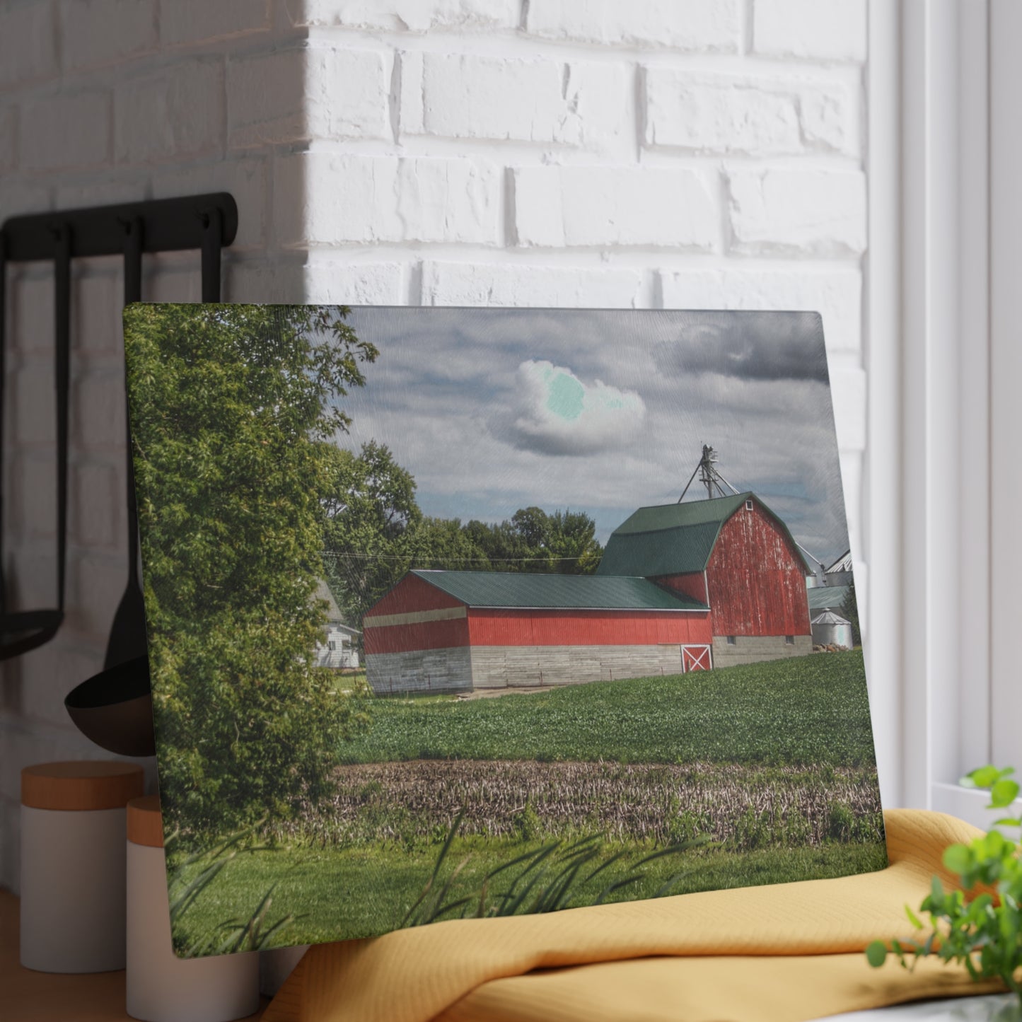 U R There Photography Haines Road Cornfield Reds Rustic Farmhouse Tempered-Glass Cutting Board
