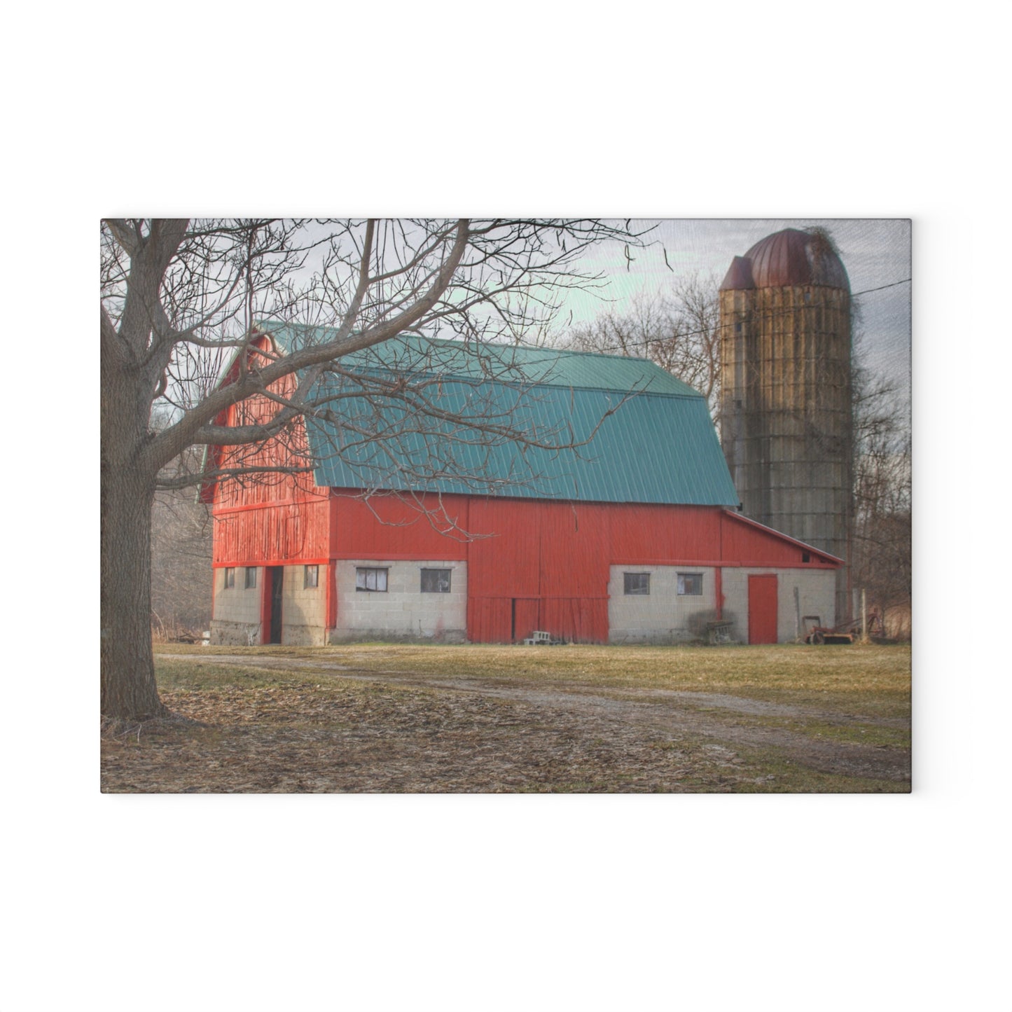 U R There Photography Wilson Road Red and Silo I Rustic Farmhouse Tempered-Glass Cutting Board
