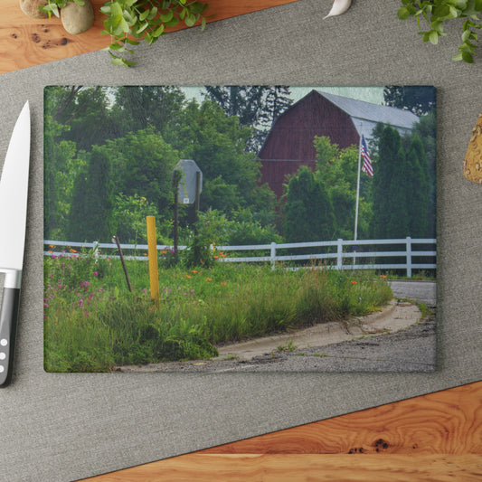 U R There Photography Sutton Road Red and Old Glory Rustic Farmhouse Tempered-Glass Cutting Board