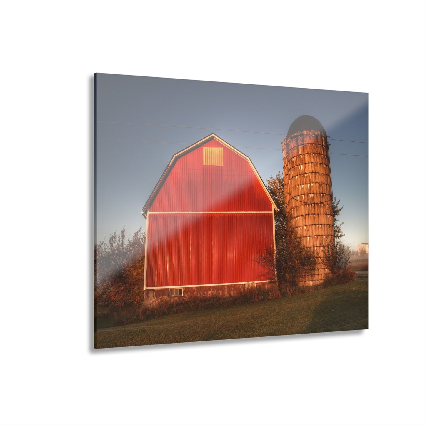 U R There Photography Klam Road Red Meets Foggy Sunrise I Rustic Farmhouse Acrylic Wall Print