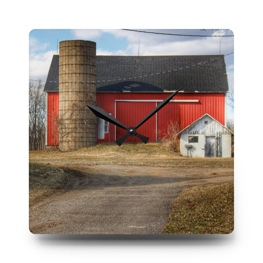 Mayville Road Red and Silo Rustic Farmhouse Acrylic Analog Wall Clock 10.75'' × 10.75'' (Square)