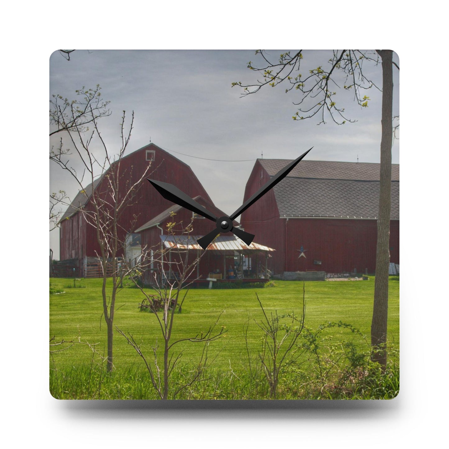 U R There Photography Bishop Road Reds I Rustic Farmhouse Acrylic Analog Wall Clock