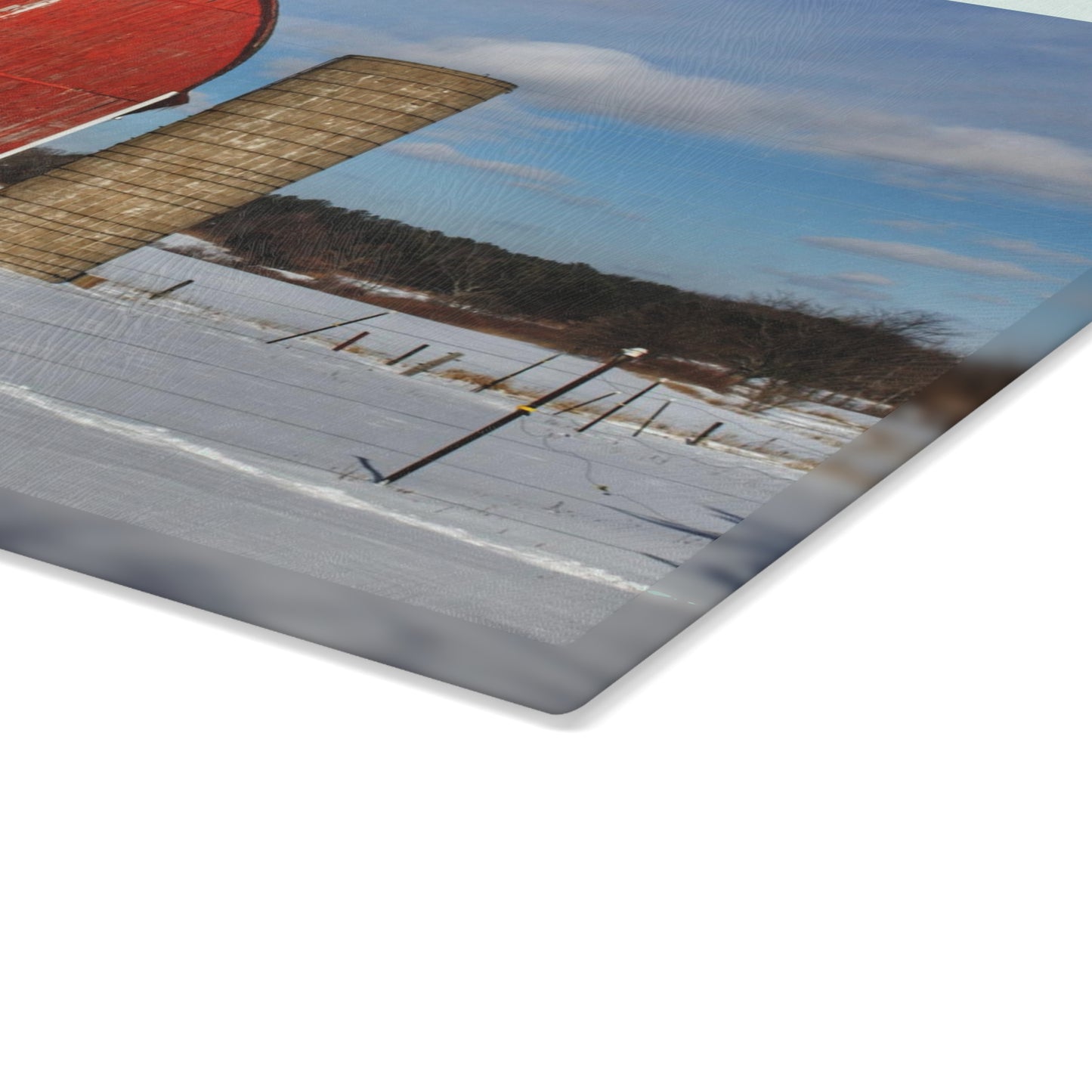 U R There Photography Barnes Road Winter Red Rustic Farmhouse Tempered-Glass Cutting Board