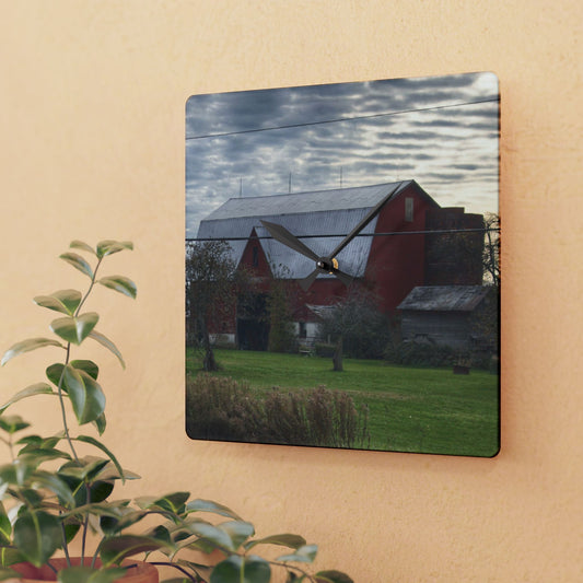 U R There Photography Dodge Road Red II Rustic Farmhouse Acrylic Analog Wall Clock