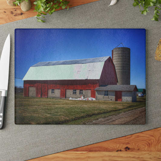 U R There Photography Burt Road Red and Silo Rustic Farmhouse Tempered-Glass Cutting Board