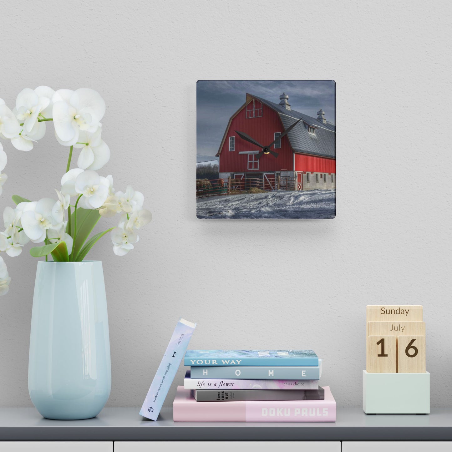 U R There Photography Casey Road Red Rustic Farmhouse Acrylic Analog Wall Clock