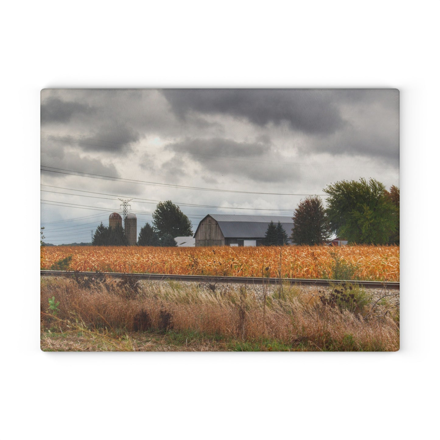 U R There Photography Reese Old Grey Beyond the Tracks Rustic Farmhouse Tempered-Glass Cutting Board