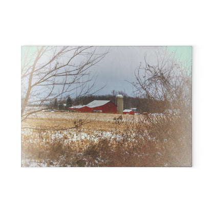 U R There Photography Brook Road Red in Winter Rustic Farmhouse Tempered-Glass Cutting Board