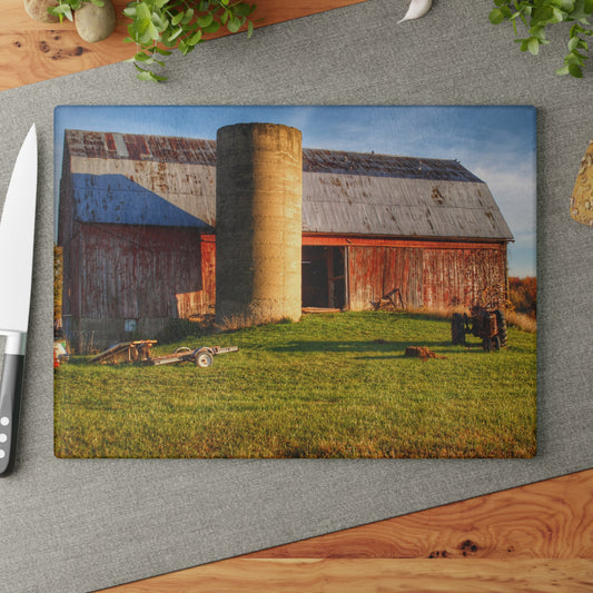 U R There Photography Peck Road Red and Silo Rustic Farmhouse Tempered-Glass Cutting Board 8"x 11"