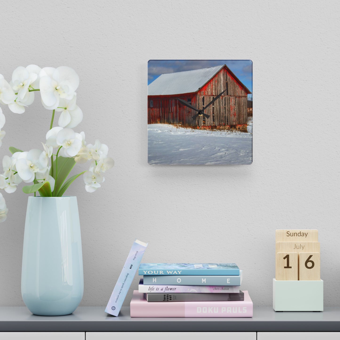 U R There Photography Barnes Road Little Red I Rustic Farmhouse Acrylic Analog Wall Clock