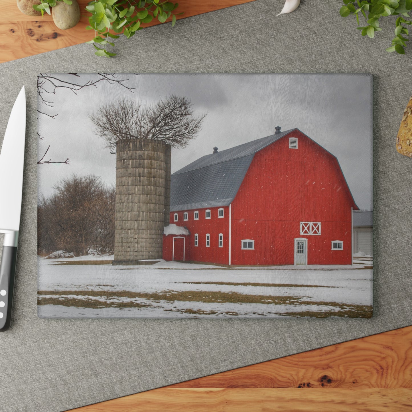 U R There Photography Hollow Corners Red Tree Silo Rustic Farmhouse Tempered-Glass Cutting Board