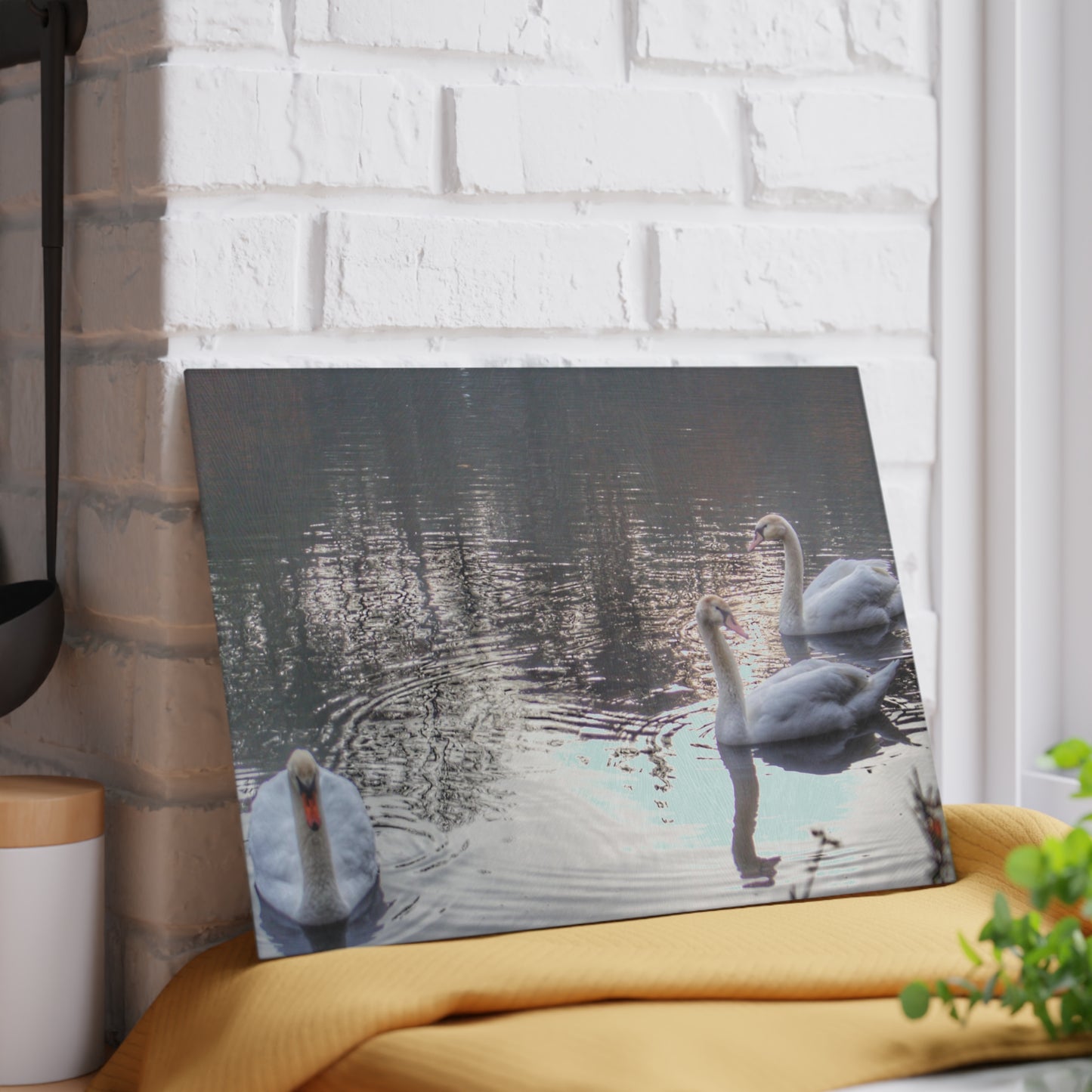 U R There Photography Swans of Duck Lake II Rustic Farmhouse Tempered-Glass Cutting Board