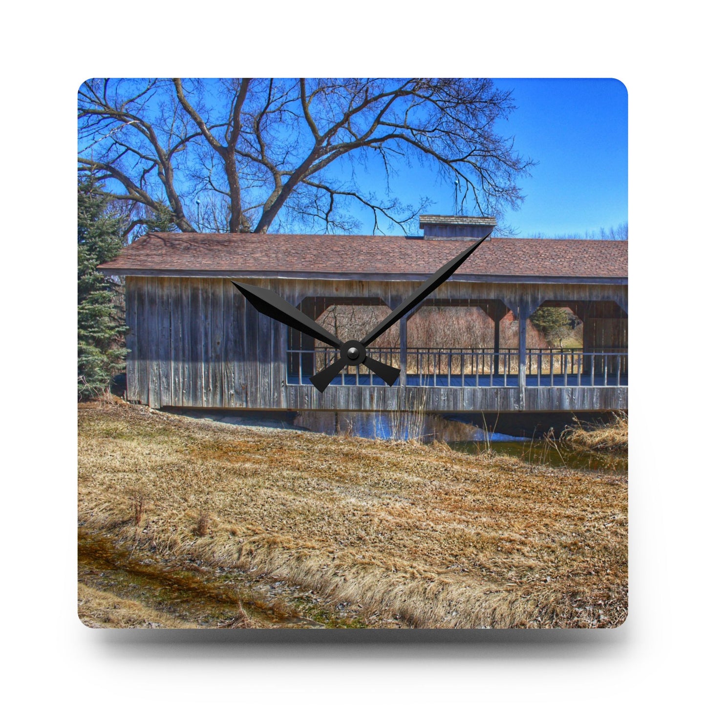 U R There Photography Covered Bridge of Campground Road II Rustic Farmhouse Acrylic Analog Wall Clock