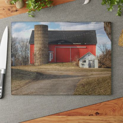 U R There Photography Mayville Road Red and Silo Rustic Farmhouse Tempered-Glass Cutting Board