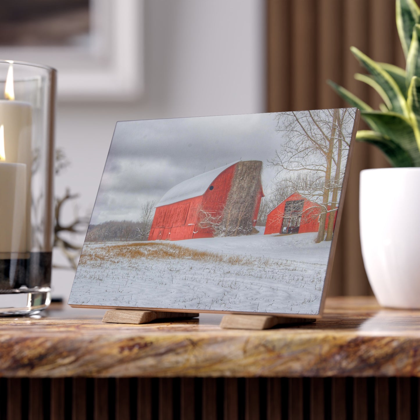 U R There Photography Catlin Reds in Winter II Rustic Farmhouse Decorative Ceramic Tile