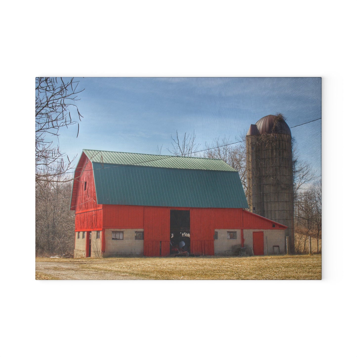U R There Photography Wilson Road Red and Silo II Rustic Farmhouse Tempered-Glass Cutting Board