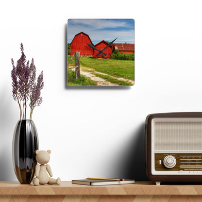 U R There Photography South Oak Road Reds I Rustic Farmhouse Acrylic Analog Wall Clock