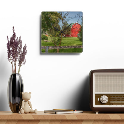 U R There Photography Roadside Red Beyond the Fence Rustic Farmhouse Acrylic Analog Wall Clock