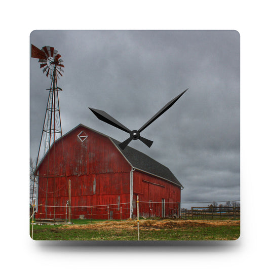 West Lake Road Red Barn and Windmill Rustic Farmhouse Acrylic Analog Wall Clock 10.75'' × 10.75'' (Square)