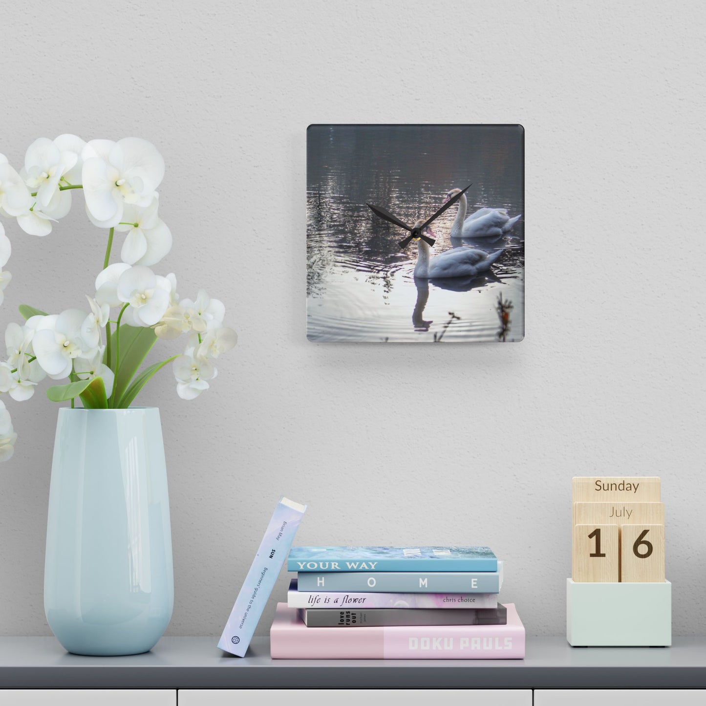 U R There Photography Swans of Duck Lake II Rustic Farmhouse Acrylic Analog Wall Clock