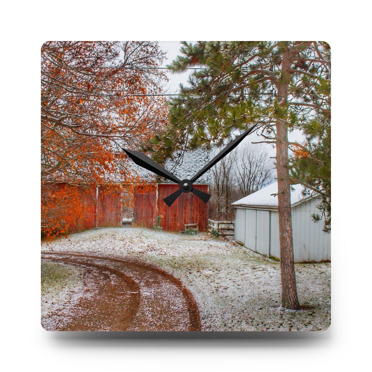 U R There Photography North Lake Pleasant Road Hidden Red Rustic Farmhouse Acrylic Analog Wall Clock