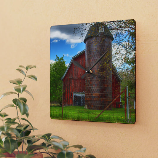 U R There Photography Mead Road Red Rustic Farmhouse Acrylic Analog Wall Clock