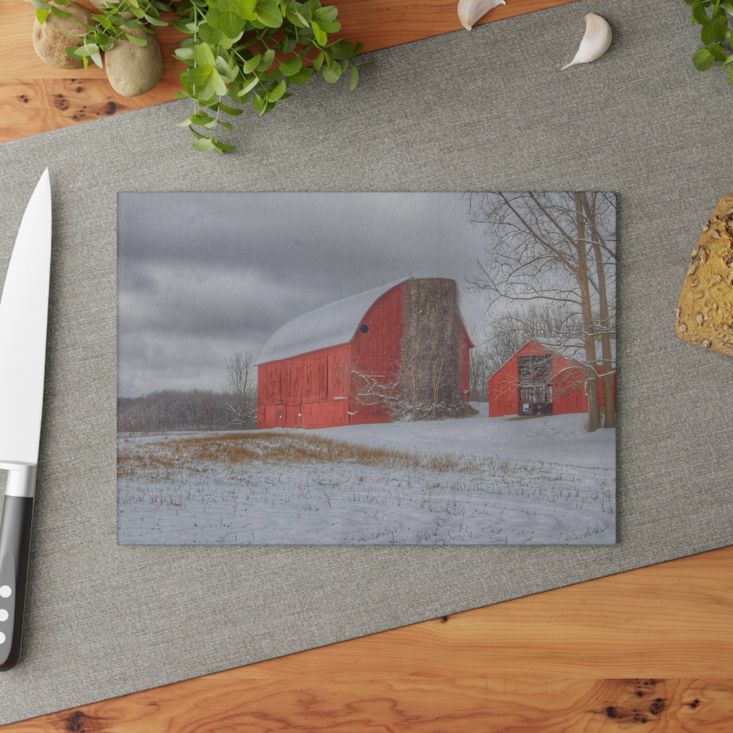 U R There Photography Catlin Reds in Winter II Rustic Farmhouse Tempered-Glass Cutting Board