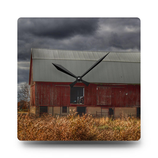 Booth Road Cow Barn I Rustic Farmhouse Acrylic Analog Wall Clock 10.75'' × 10.75'' (Square)