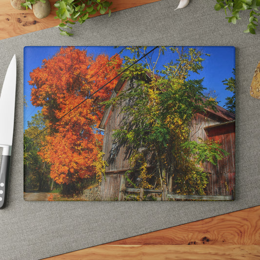 U R There Photography Oxford Rusted Red in Fall Rustic Farmhouse Tempered-Glass Cutting Board