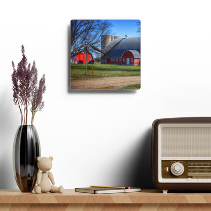 U R There Photography Hough Road Reds and Silo II Rustic Farmhouse Acrylic Analog Wall Clock