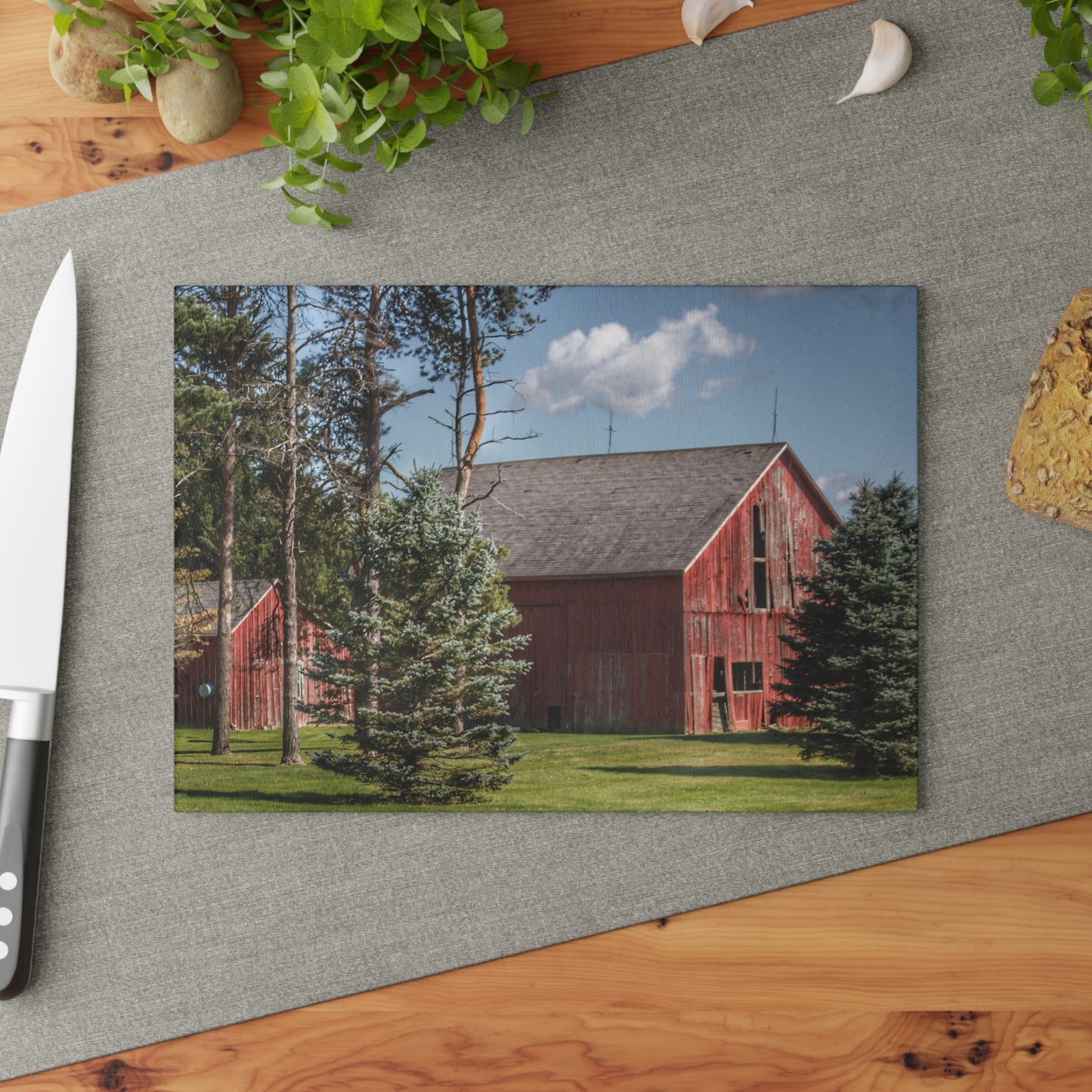 U R There Photography Havens Road Red Among the Pines Rustic Farmhouse Tempered-Glass Cutting Board