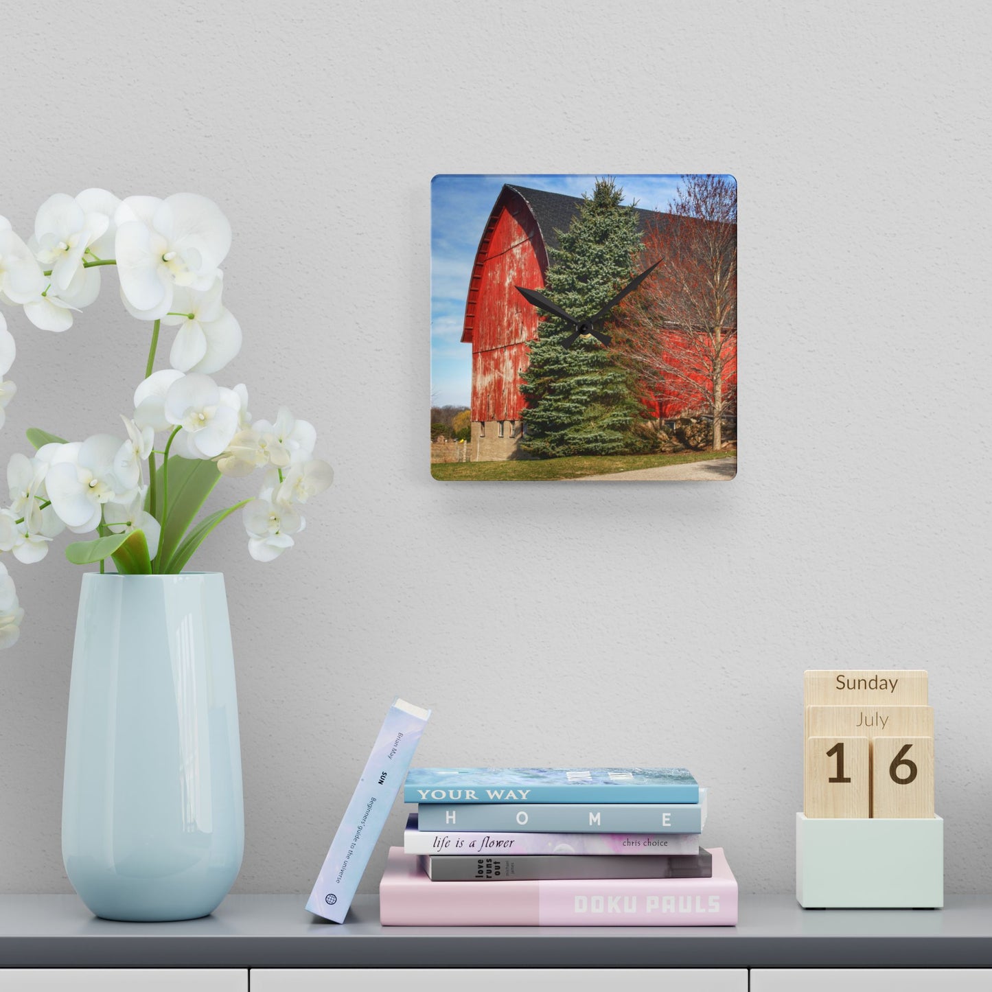 U R There Photography West Sutton Road Red Rustic Farmhouse Acrylic Analog Wall Clock