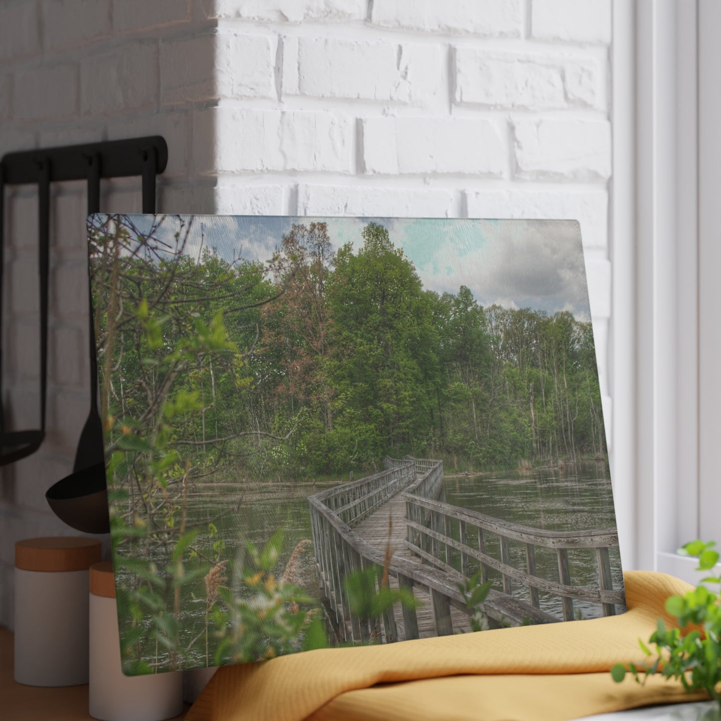 U R There Photography Linear Park Bridge in Lapeer I Rustic Farmhouse Tempered-Glass Cutting Board