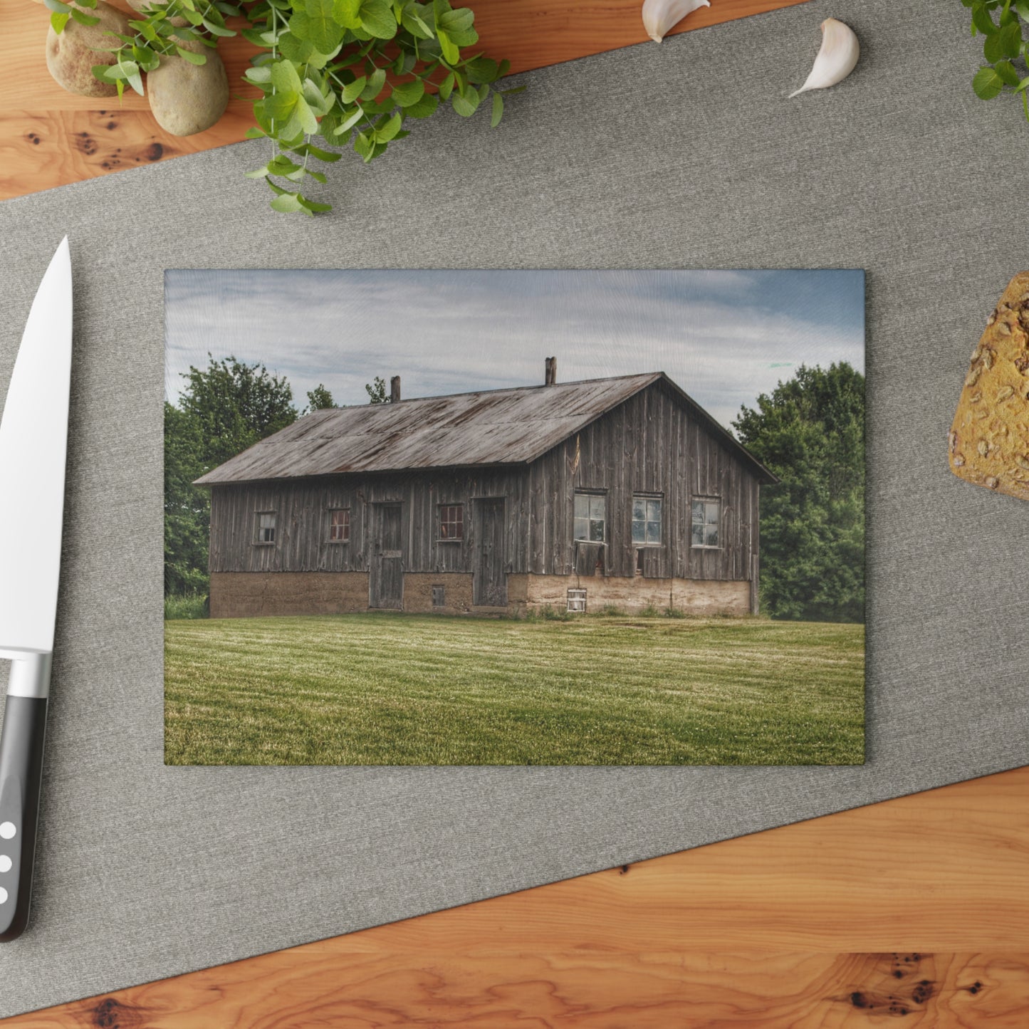 U R There Photography West Tuscola Road Grey Shack I Rustic Farmhouse Tempered-Glass Cutting Board