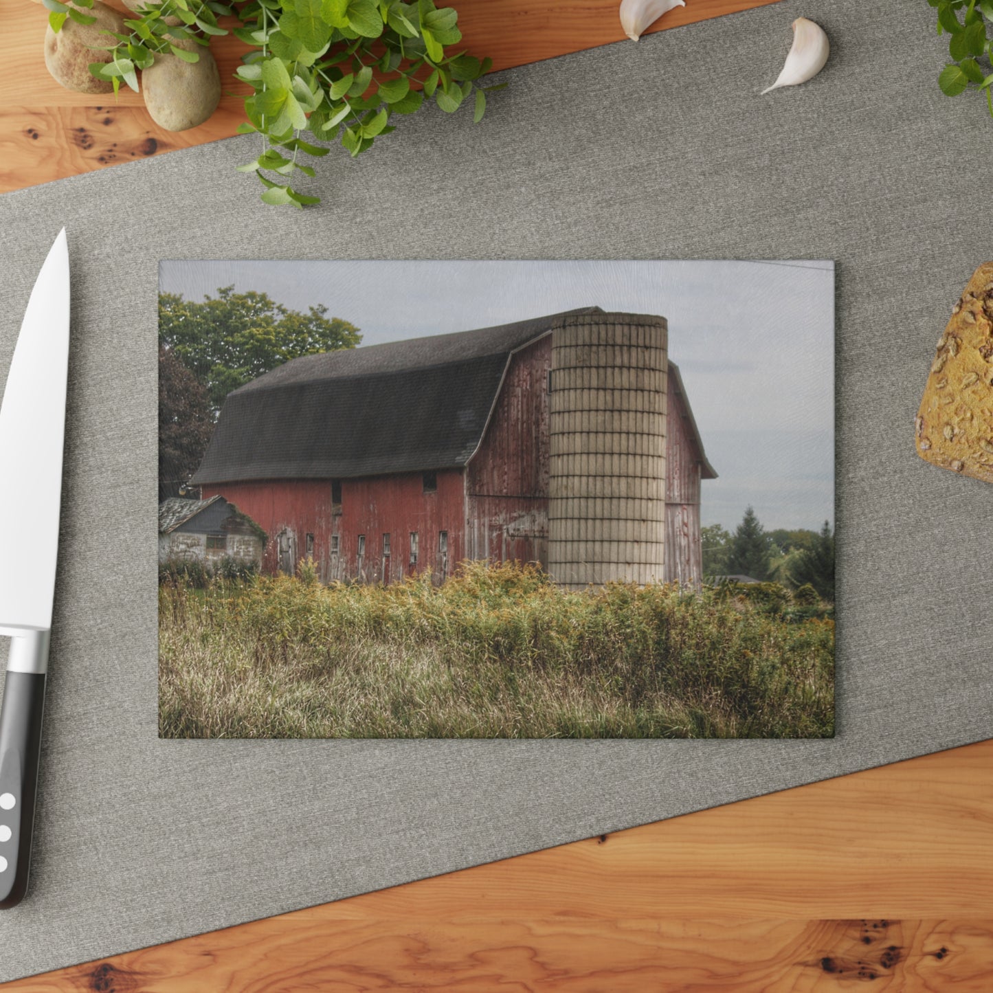 U R There Photography McDowell Road Old Red and Little White Rustic Farmhouse Tempered-Glass Cutting Board