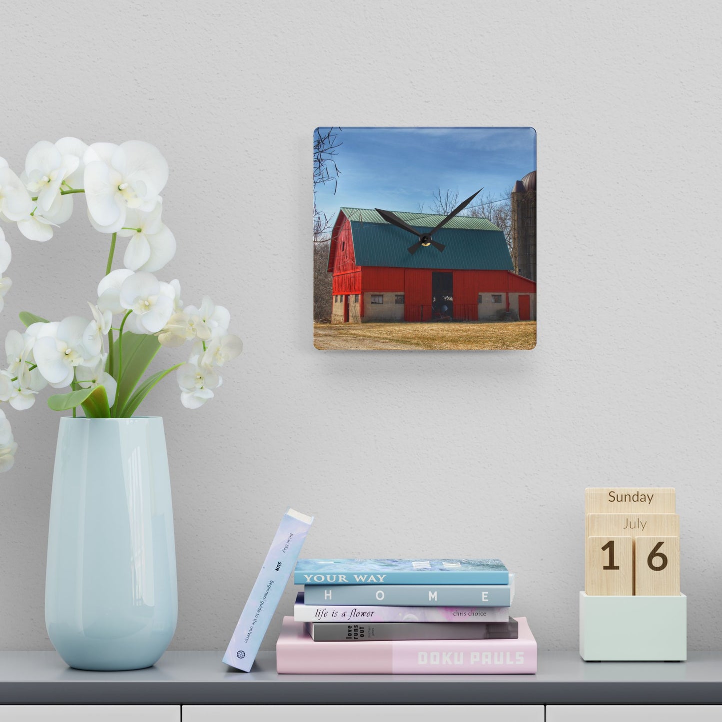 U R There Photography Wilson Road Red and Silo II Rustic Farmhouse Acrylic Analog Wall Clock