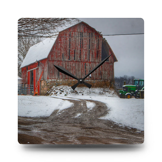 Marathon Road Red in Winter Rustic Farmhouse Acrylic Analog Wall Clock 10.75'' × 10.75'' (Square)