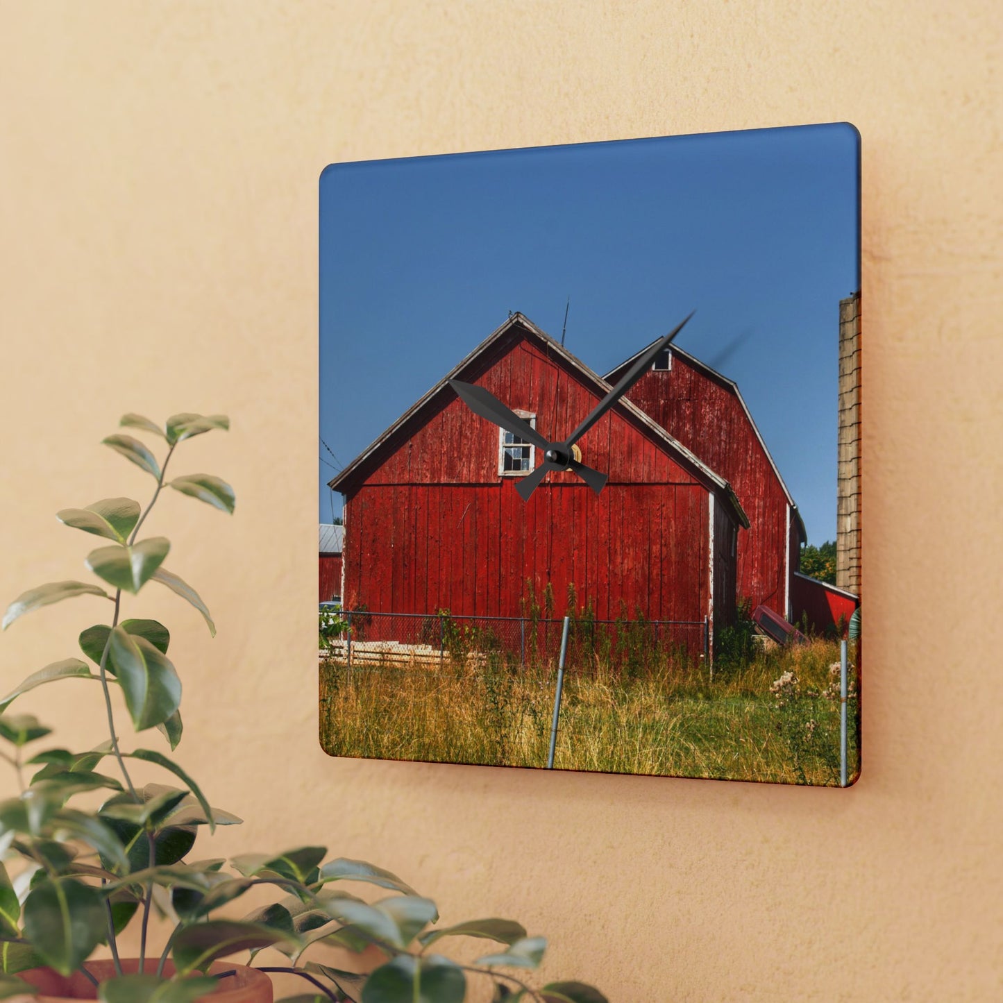 U R There Photography Shoemaker Road Reds Rustic Farmhouse Acrylic Analog Wall Clock