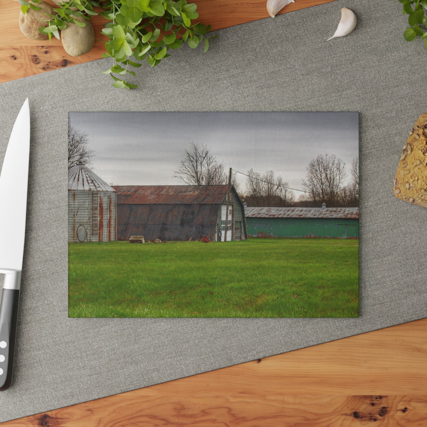 U R There Photography Hough Road Green Quonset III Rustic Farmhouse Tempered-Glass Cutting Board