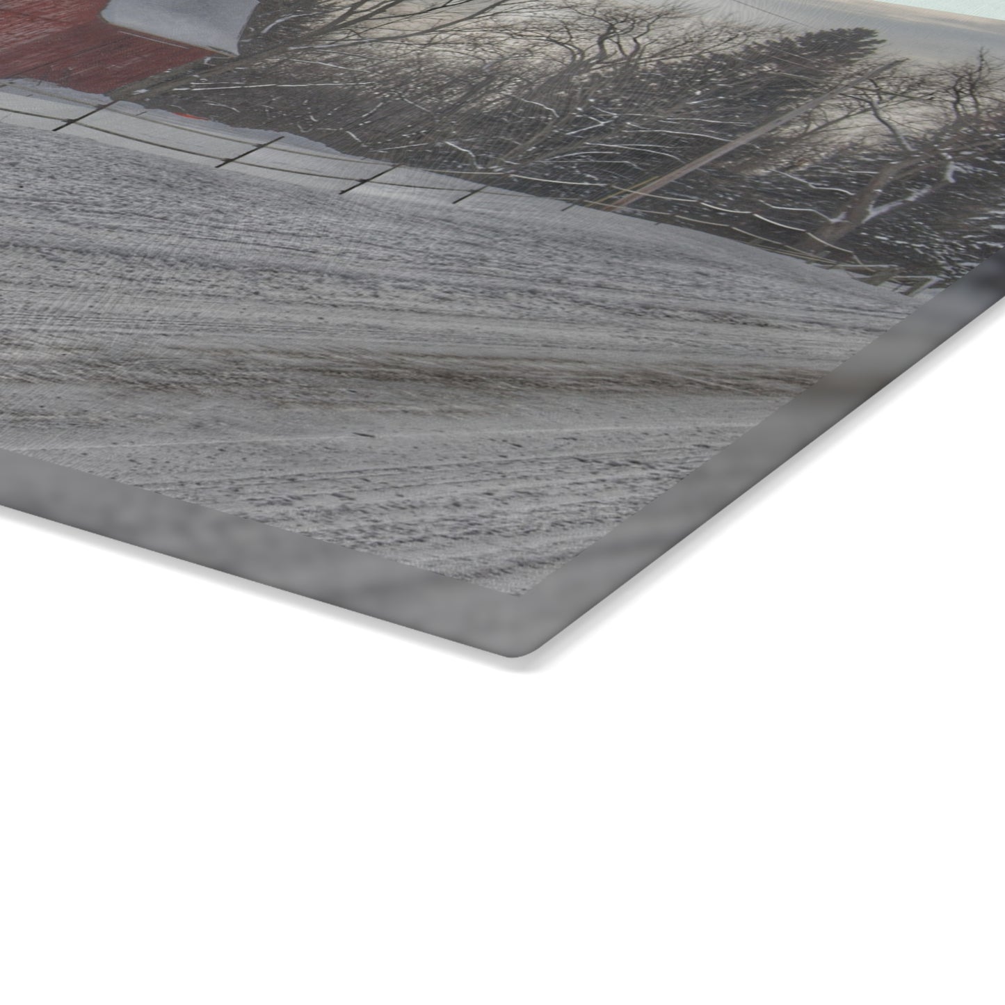 U R There Photography Phillips Road Winter Red Rustic Farmhouse Tempered-Glass Cutting Board