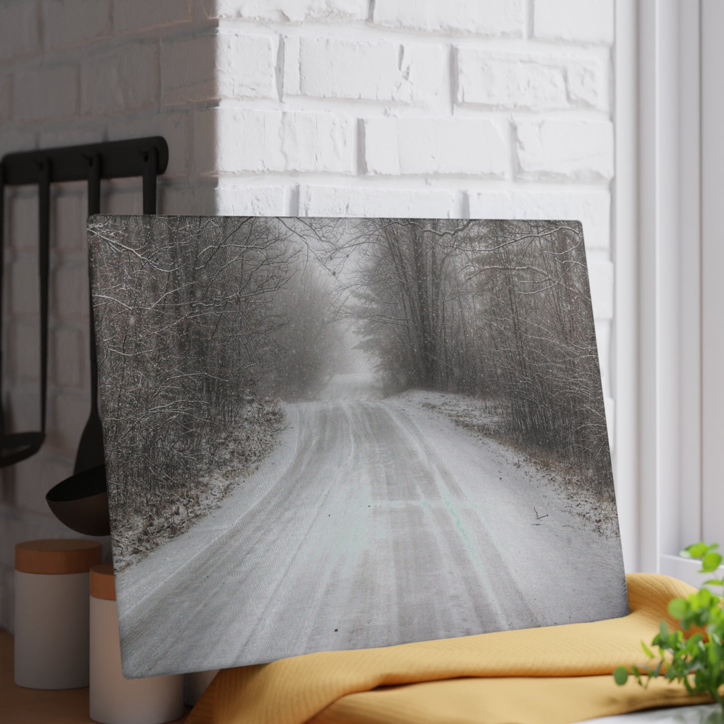 U R There Photography Cold Country Roads Rustic Farmhouse Tempered-Glass Cutting Board