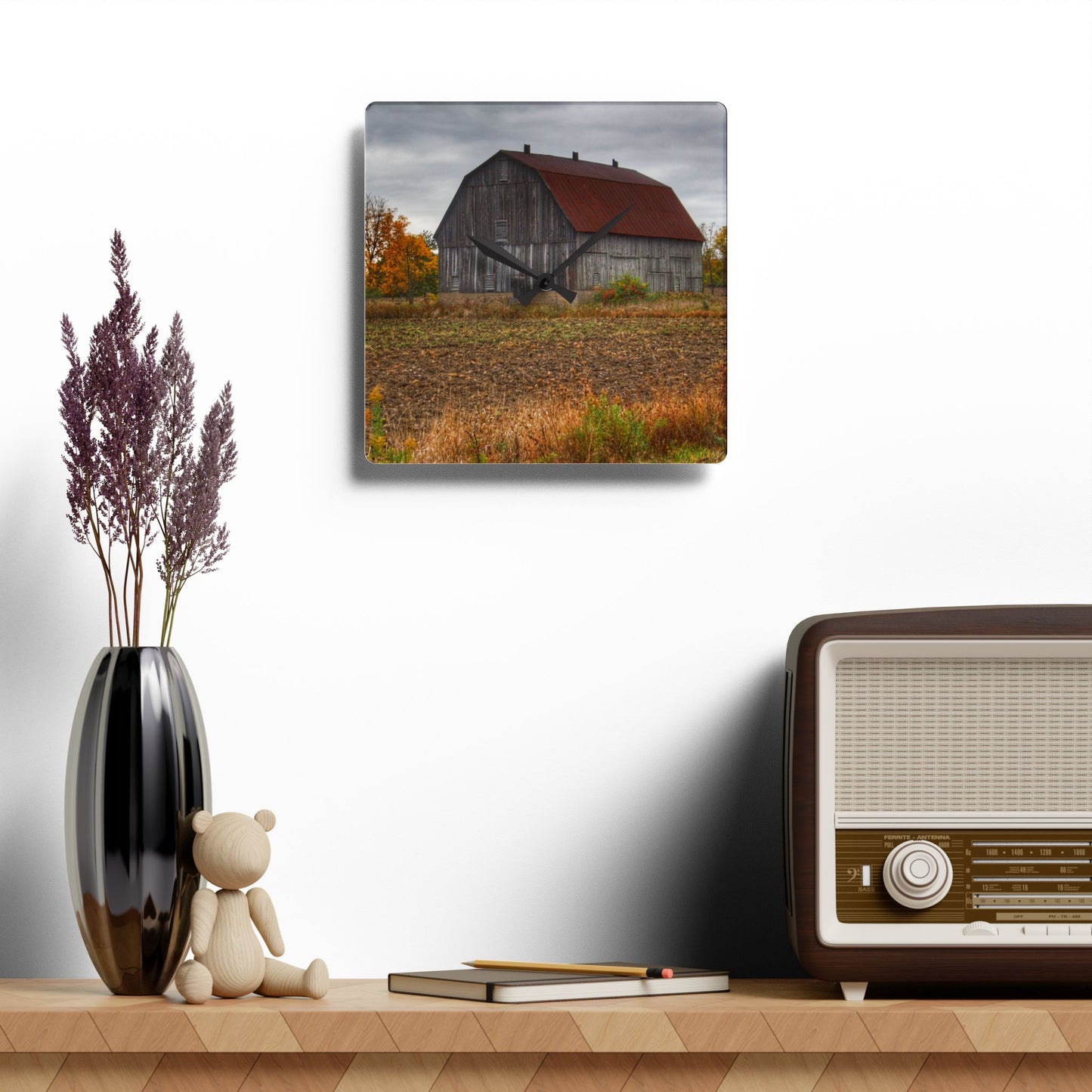 U R There Photography Sheridan Line Road Rusted Grey I Rustic Farmhouse Acrylic Analog Wall Clock