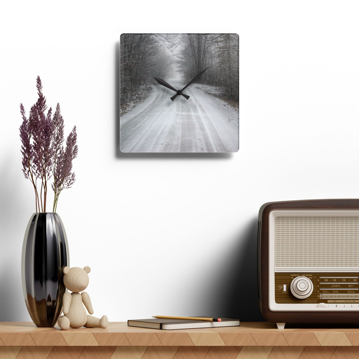 U R There Photography Cold Country Roads Rustic Farmhouse Acrylic Analog Wall Clock
