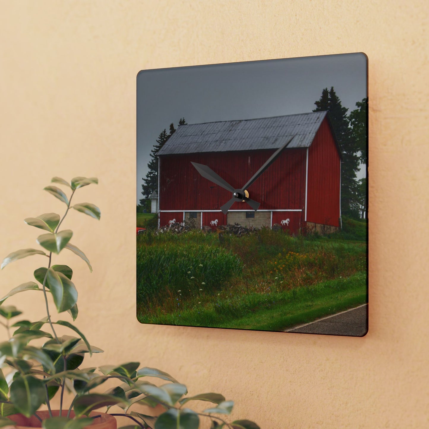 U R There Photography Brown Road Horse Barn I Rustic Farmhouse Acrylic Analog Wall Clock