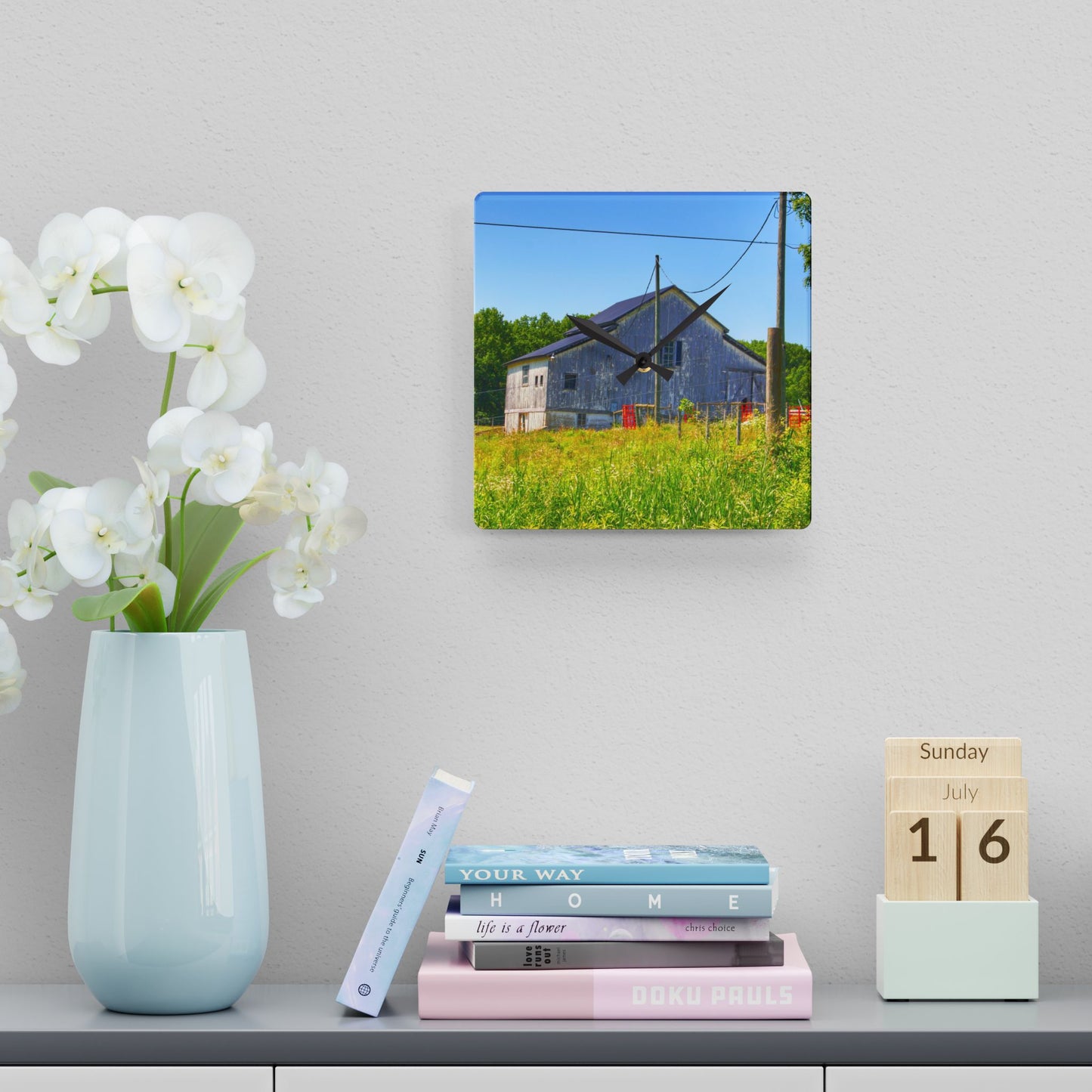 U R There Photography Greenwood Road Whitewash Grey Rustic Farmhouse Acrylic Analog Wall Clock