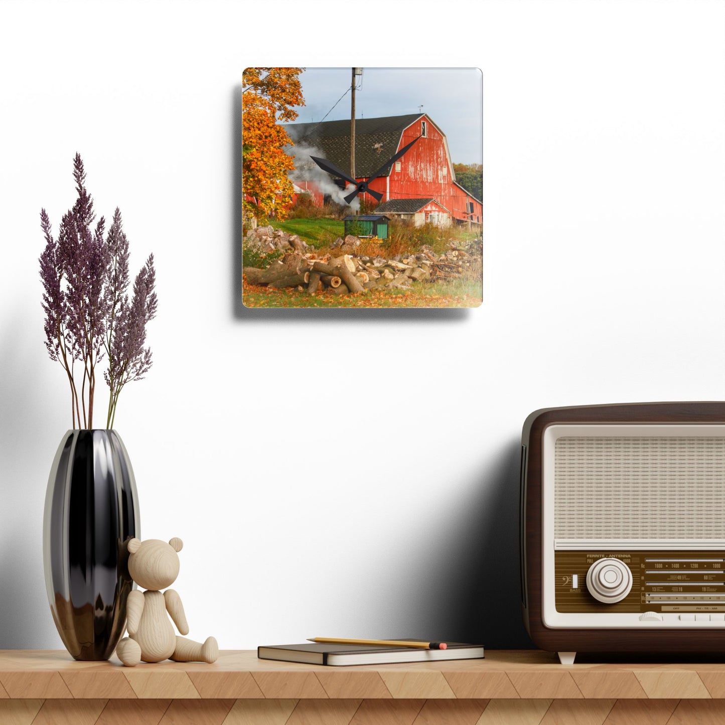 U R There Photography Greenwood Road Red in the Fall Rustic Farmhouse Acrylic Analog Wall Clock